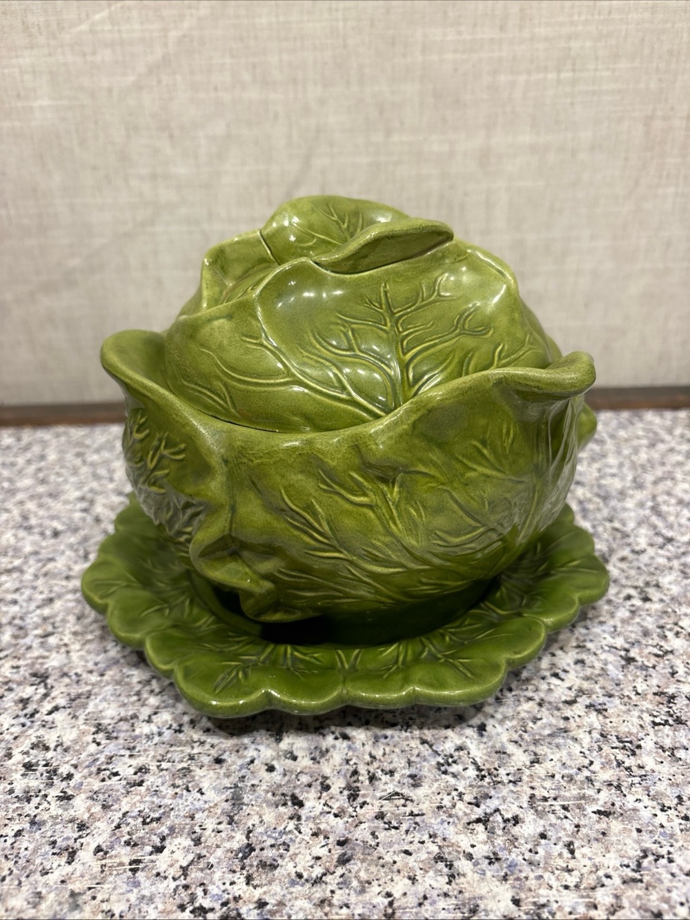 Holland Mold Green Cabbage Leaf Covered Bowl Underplate Ceramic Vintage - Picture 3 of 9